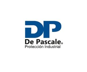 Logo for De Pascale, industrial protection company. Blue "DP" letters above "De Pascale, Protección Industrial" text.