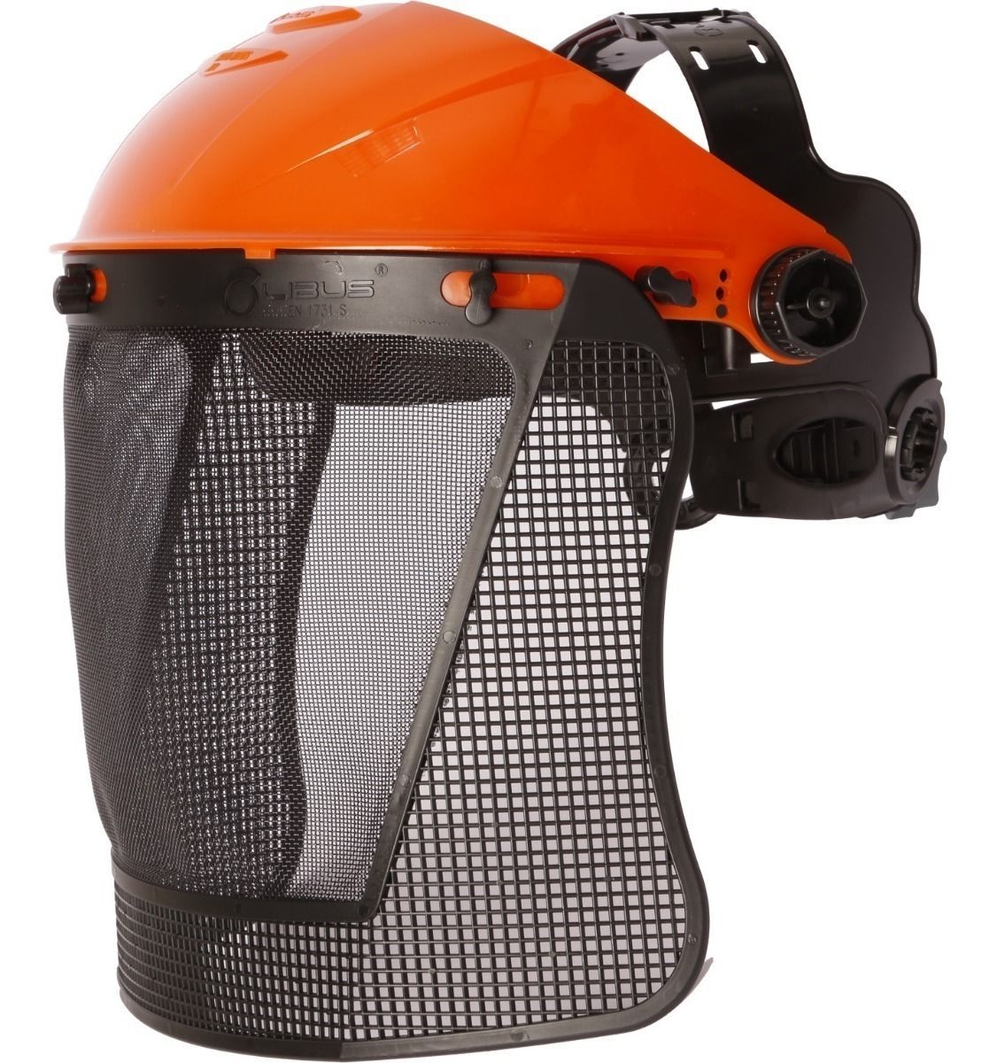 Casco naranja con careta protectora de malla negra.