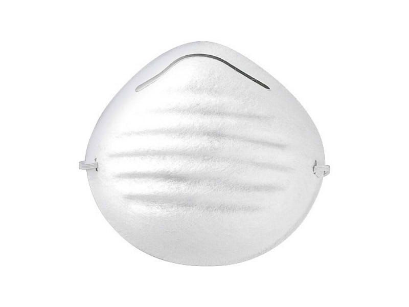 Mascarilla antipolvo cónica blanca con pinza nasal y correas elásticas.