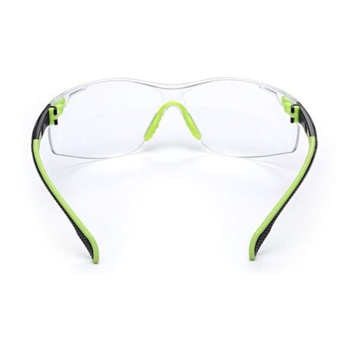 Gafas de seguridad con lentes transparentes y detalles en verde lima y negro.