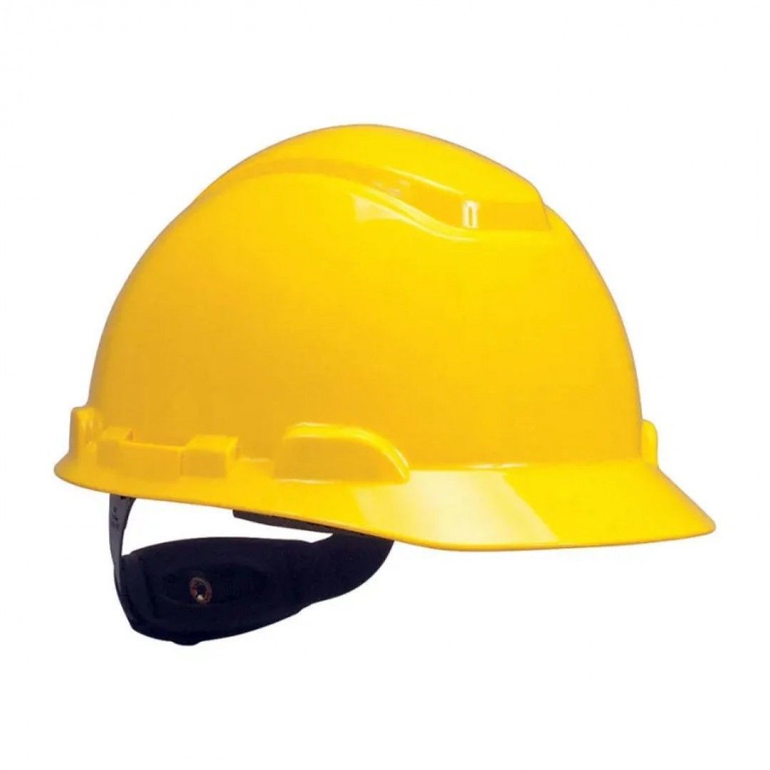 Casco de construcción amarillo con barboquejo negro.