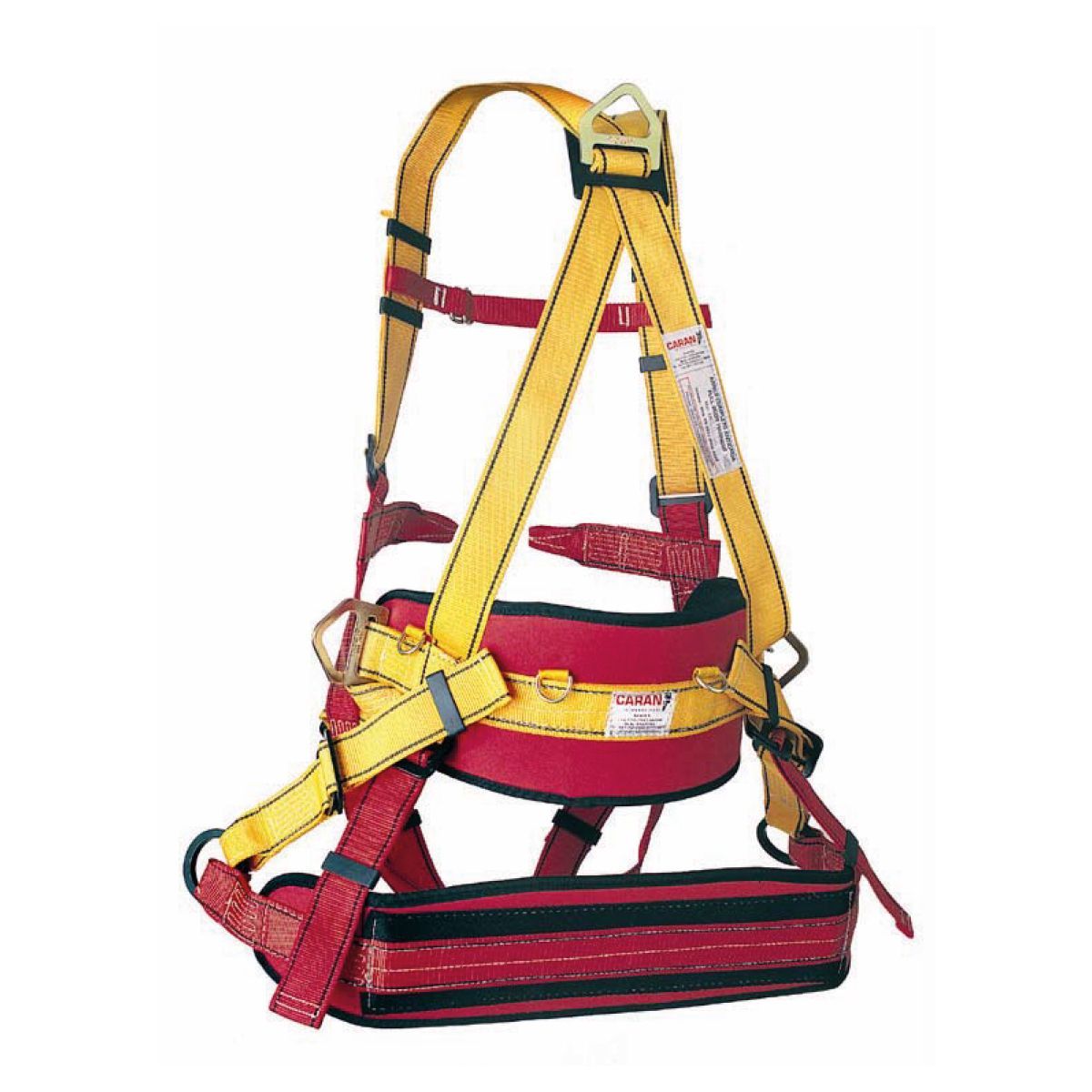 Arnés de seguridad rojo y amarillo con múltiples correas y puntos de sujeción.