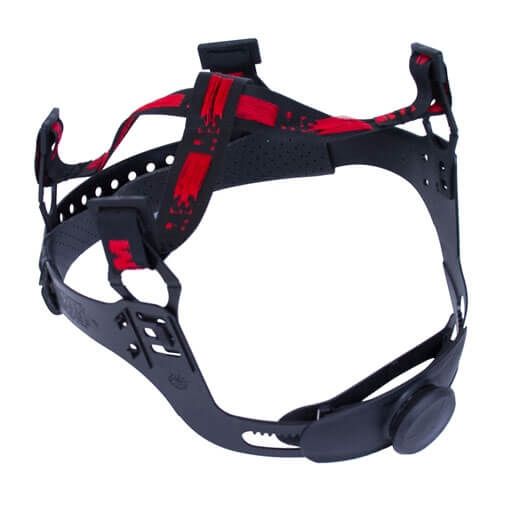 Sistema de suspensión para casco de seguridad en negro y rojo con correas ajustables y perilla.