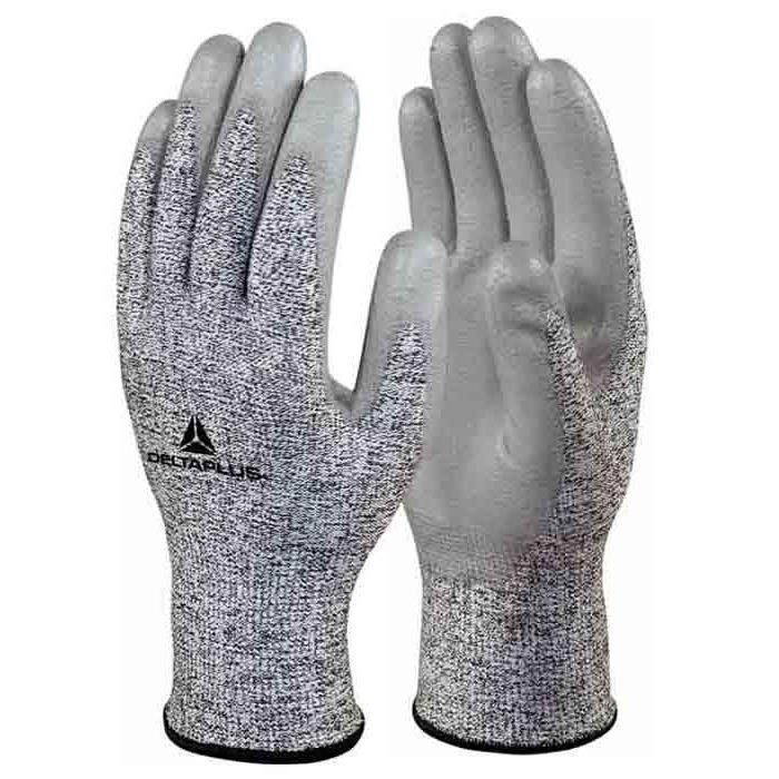 Par de guantes de trabajo grises resistentes a cortes, con tejido moteado y puño negro. Logotipo Delta Plus en el guante izquierdo.