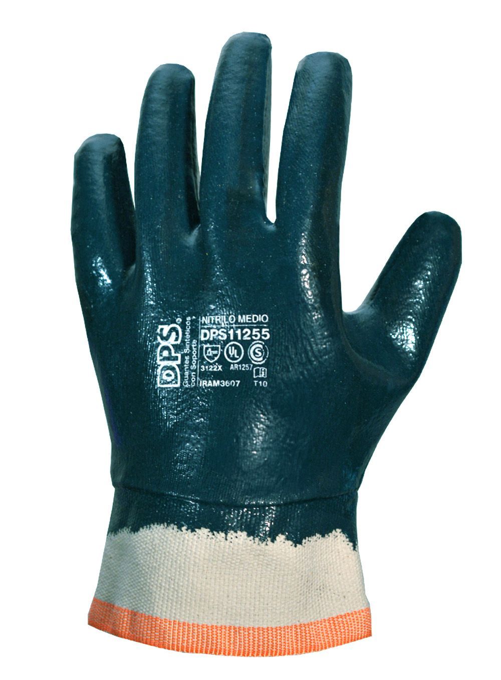 Guante de trabajo color verde azulado con ribete naranja y muñequera blanca, palma texturizada, fondo blanco.