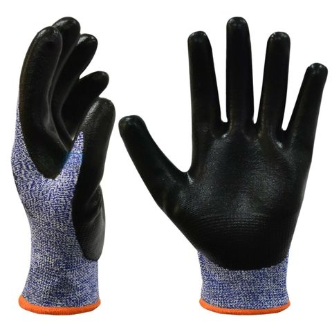 Guantes de trabajo negros y azules, palma y dedos recubiertos, puño texturizado.