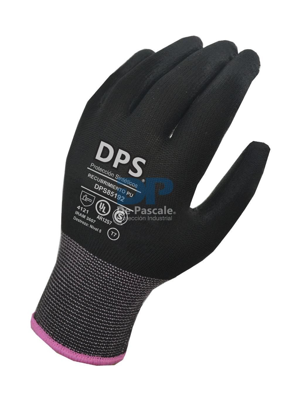 Guante de trabajo negro con detalles rosas y logotipo DPS.