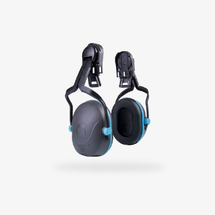 Orejeras azules y negras con diadema ajustable para la protección auditiva.