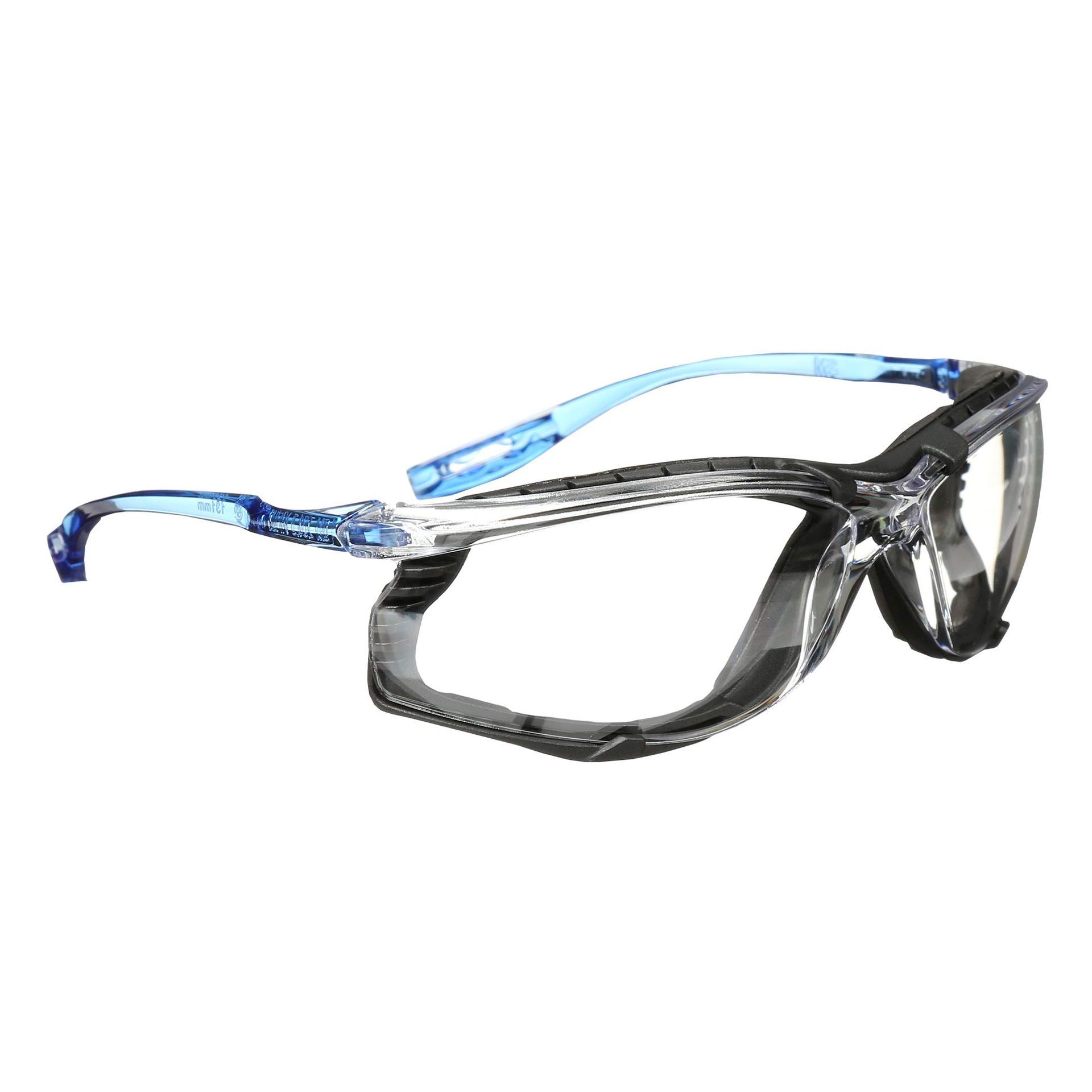 Gafas de seguridad, montura transparente, patillas azules.
