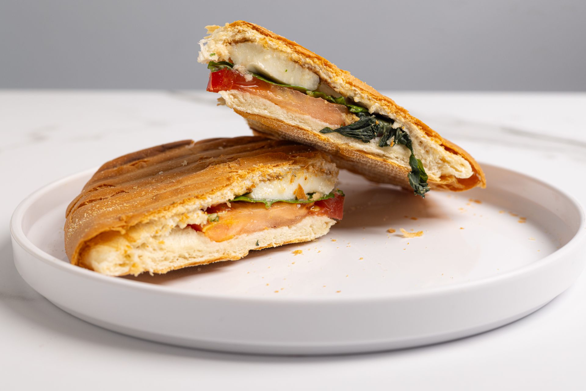 A tomato, basil, and mozzarella cheese sandwich