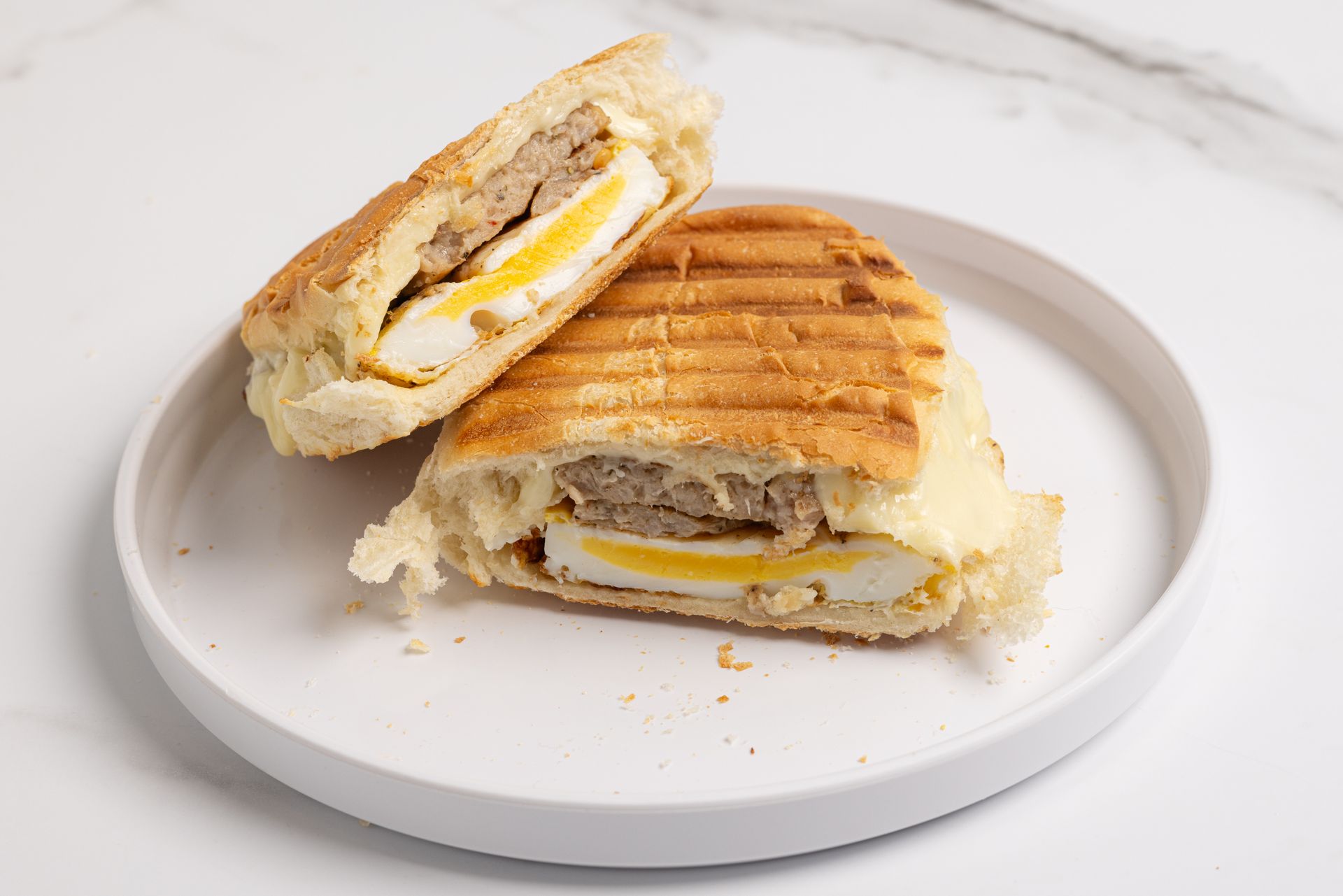 A egg and sausage breakfast sandwich