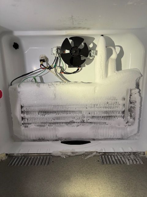 The inside of a refrigerator with a fan covered in ice.