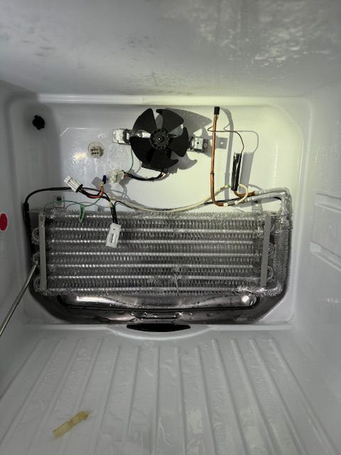The inside of a refrigerator with a fan and a condenser.