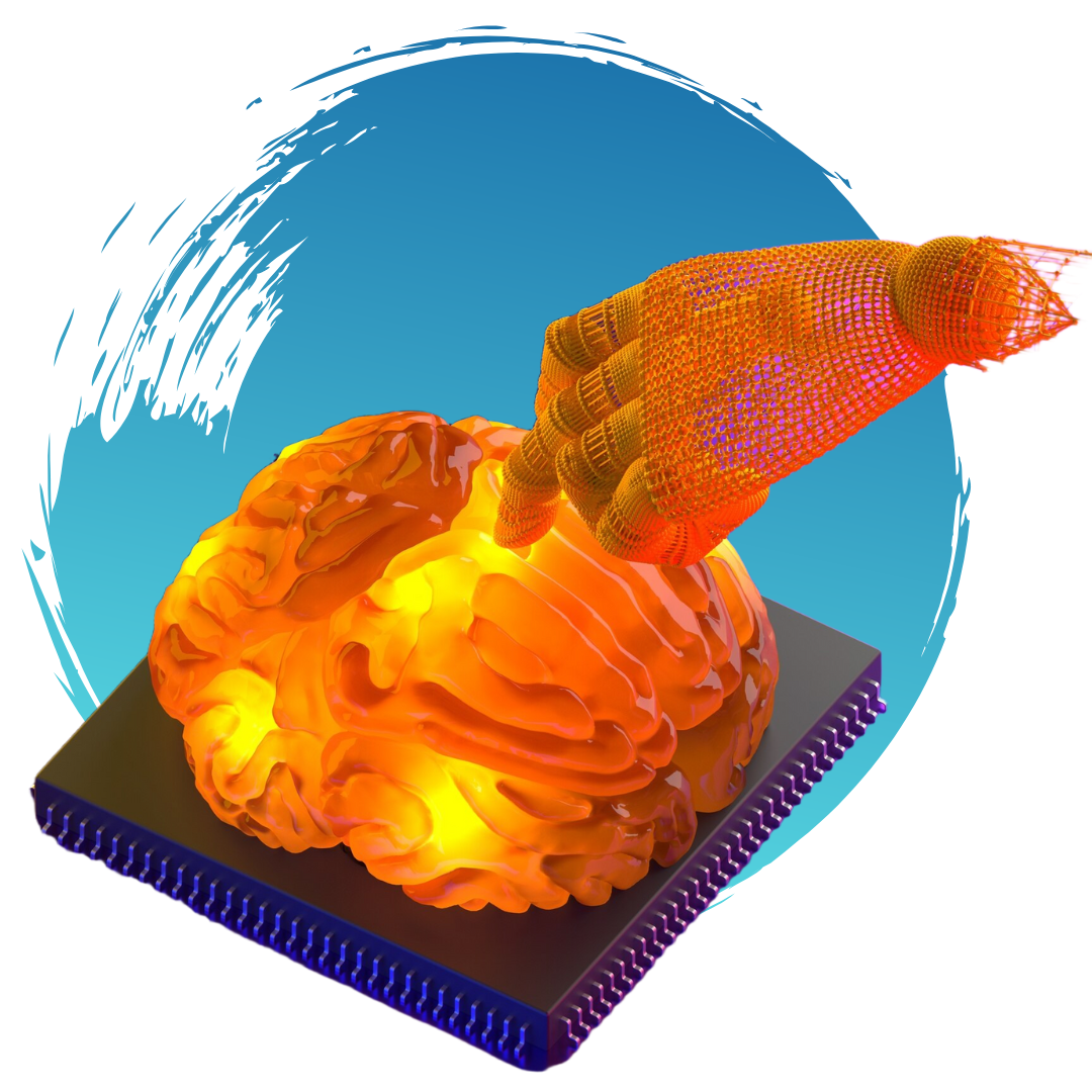 Un cerebro naranja y brillante tocado por una mano naranja y pixelada, sentada sobre una placa de circuito negra, todo sobre un fondo azul.