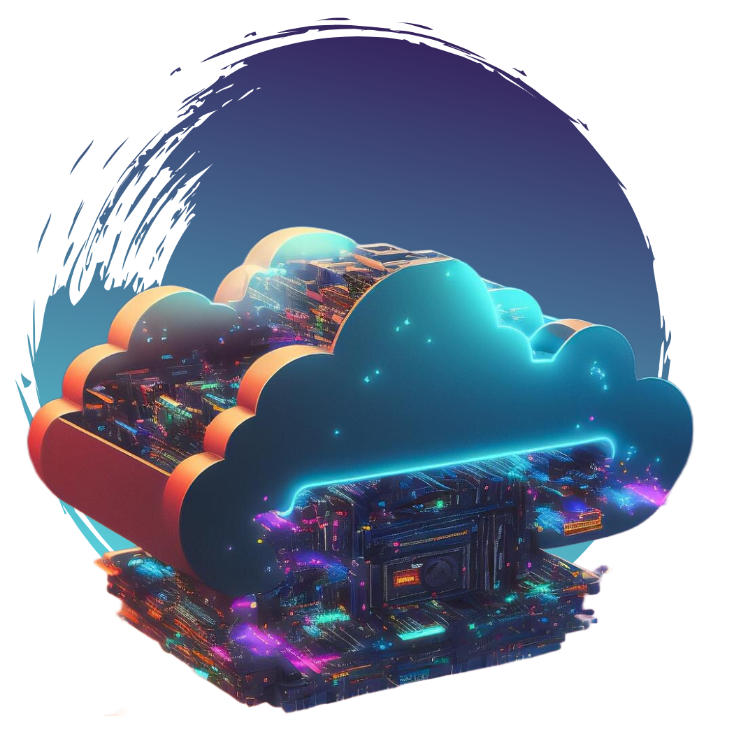 Concepto de computación en la nube: una nube brillante con un núcleo futurista similar a una placa de circuito, sobre un fondo azul con pinceladas.