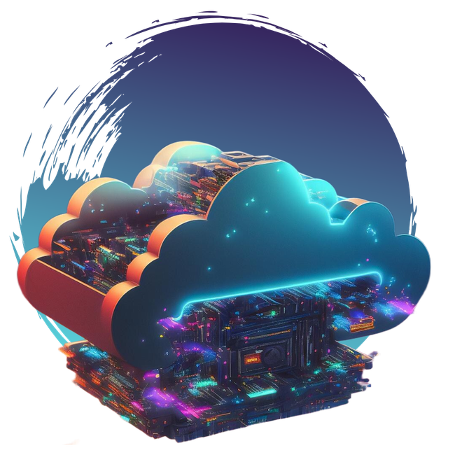 Concepto de computación en la nube: una nube brillante con un núcleo futurista similar a una placa de circuito, sobre un fondo azul con pinceladas.