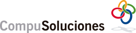 Logotipo para CompuSoluciones con texto y anillos entrelazados en varios colores.