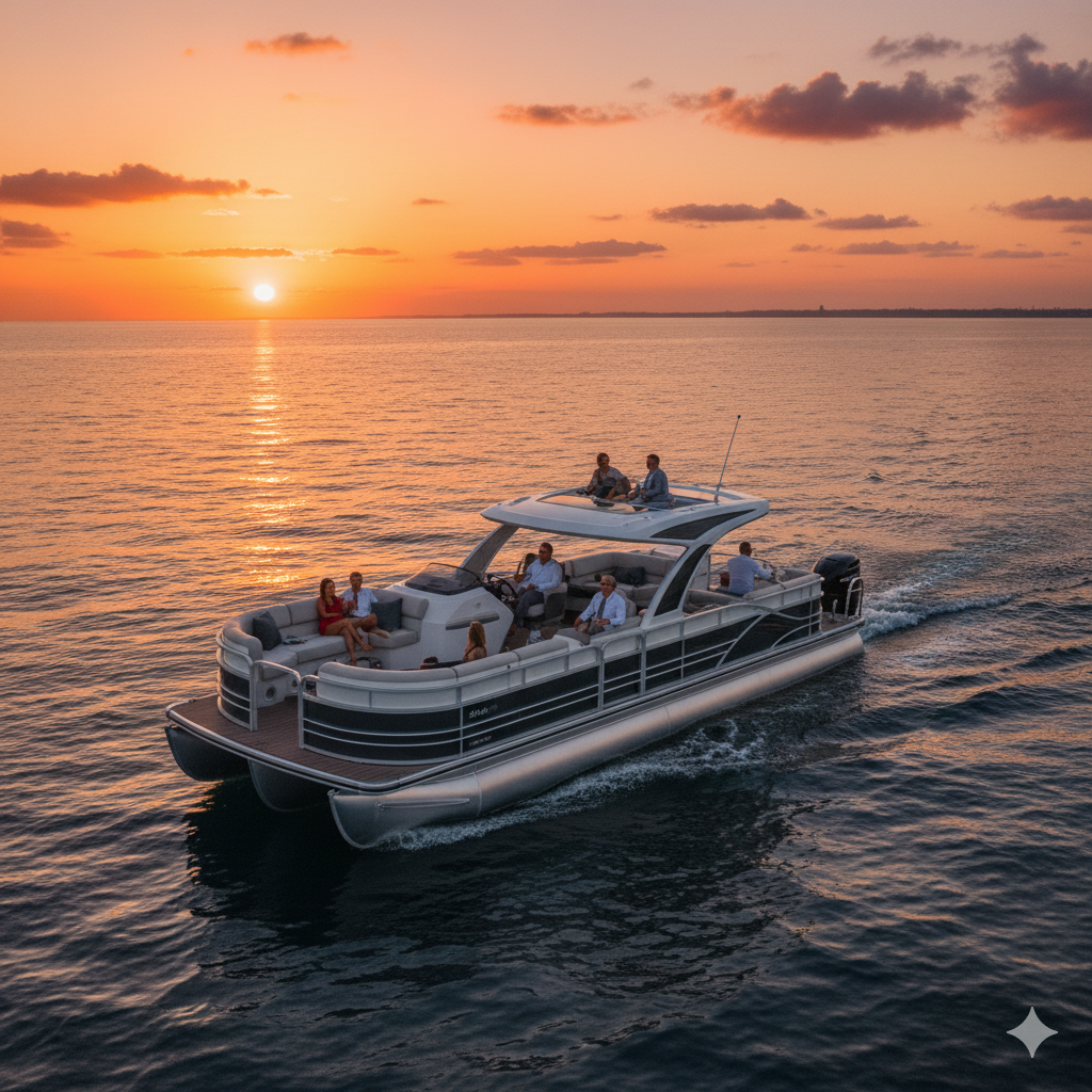 Pontoon boat with people sailing on water at sunset.