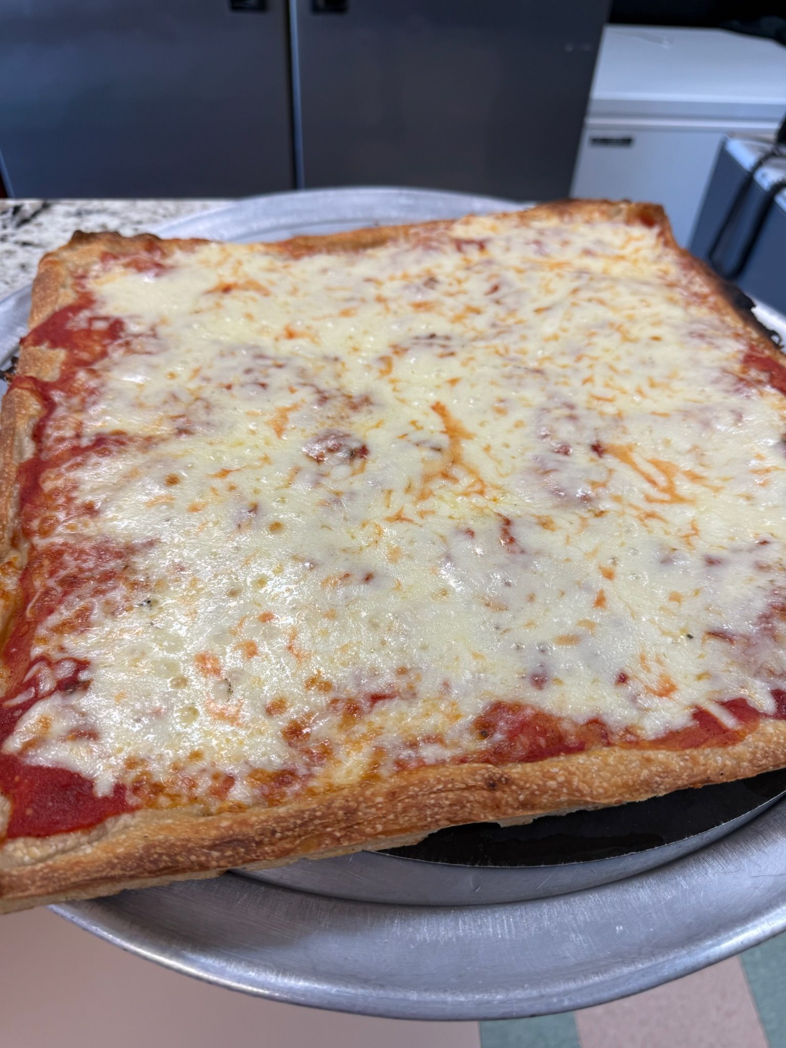 Square cheese pizza on a tray with a browned crust and melted mozzarella cheese