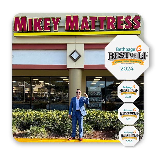 an advertisement for mikey mattress and bethpage best of li