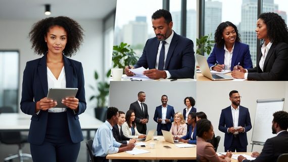 A collage shows professionals in office settings, including individual portraits and group meetings at a conference table.