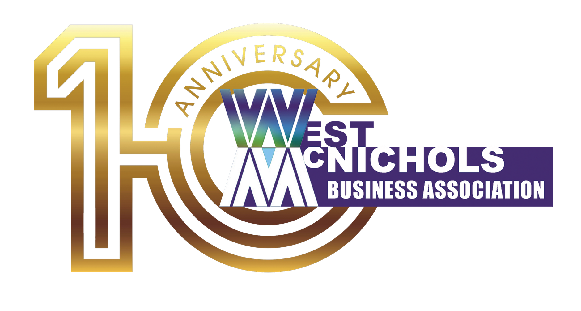 Logo for the 10th Anniversary of the West McNichols Business Association, featuring gold, blue, and white text and graphics.