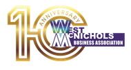 Gold-toned logo for the 10th Anniversary of the West McNichols Business Association, featuring the WM monogram.