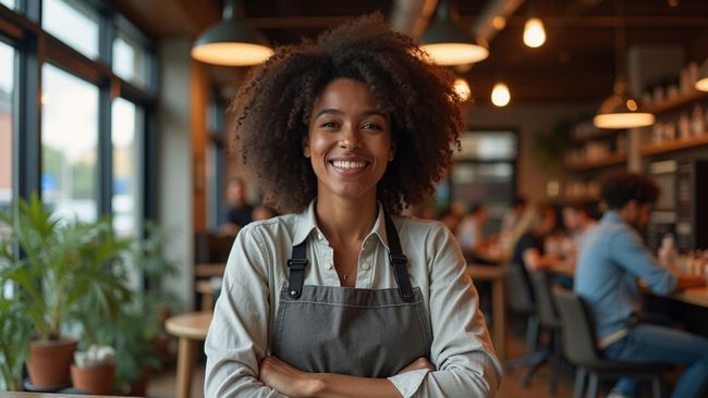 A person with a warm smile stands in a cafe, wearing a grey apron with their arms crossed, looking at the camera.