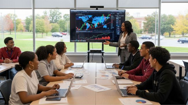 An instructor presents data on a large digital screen to a diverse group of students working at laptops in a classroom.