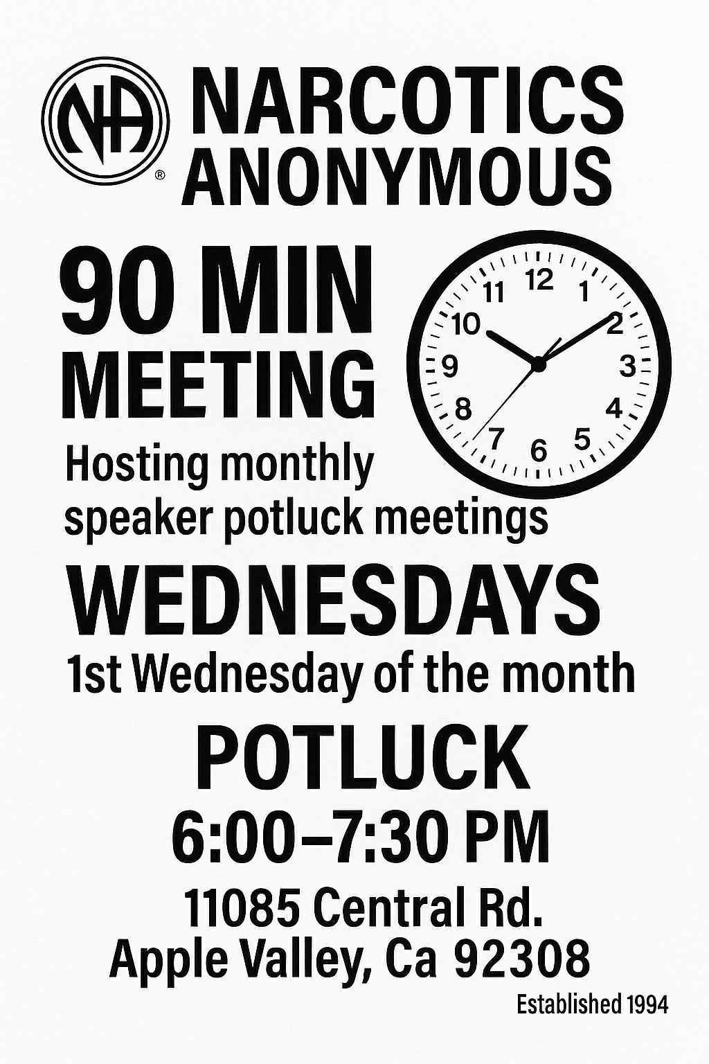 90 MIN MEETING MONTHLY SPEAKER & POTLUCK