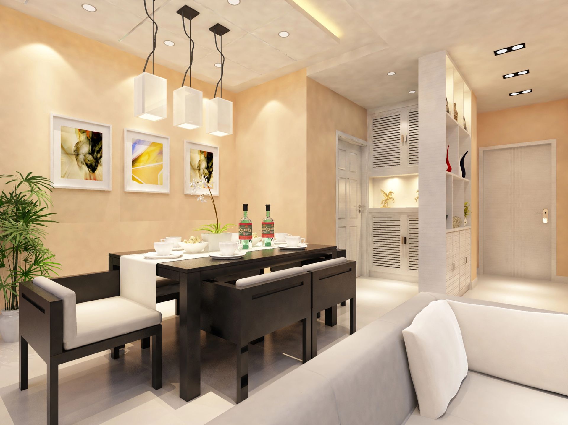 Zona pranzo moderna con tavolo rettangolare scuro, sedie abbinate, lampade a sospensione e opere d'arte alle pareti in una stanza dai toni beige.