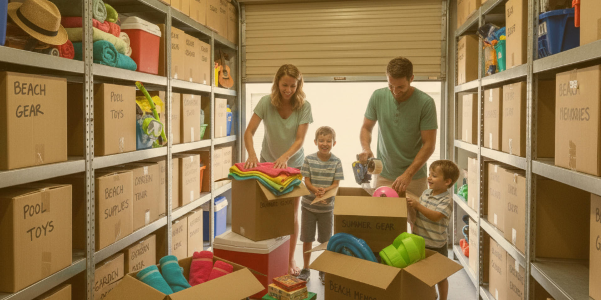 Family storing belongings inside a self storage unit at Edmond RV & Self Storage in Edmond, Oklahoma