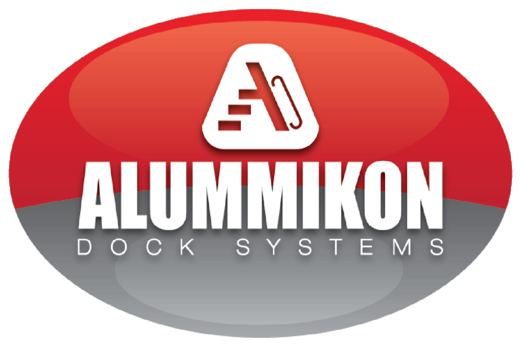 A red and gray logo for aluminum dock systems
