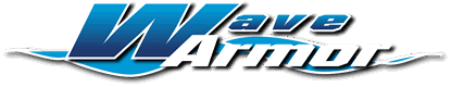 A blue and white logo for wave armor on a white background.
