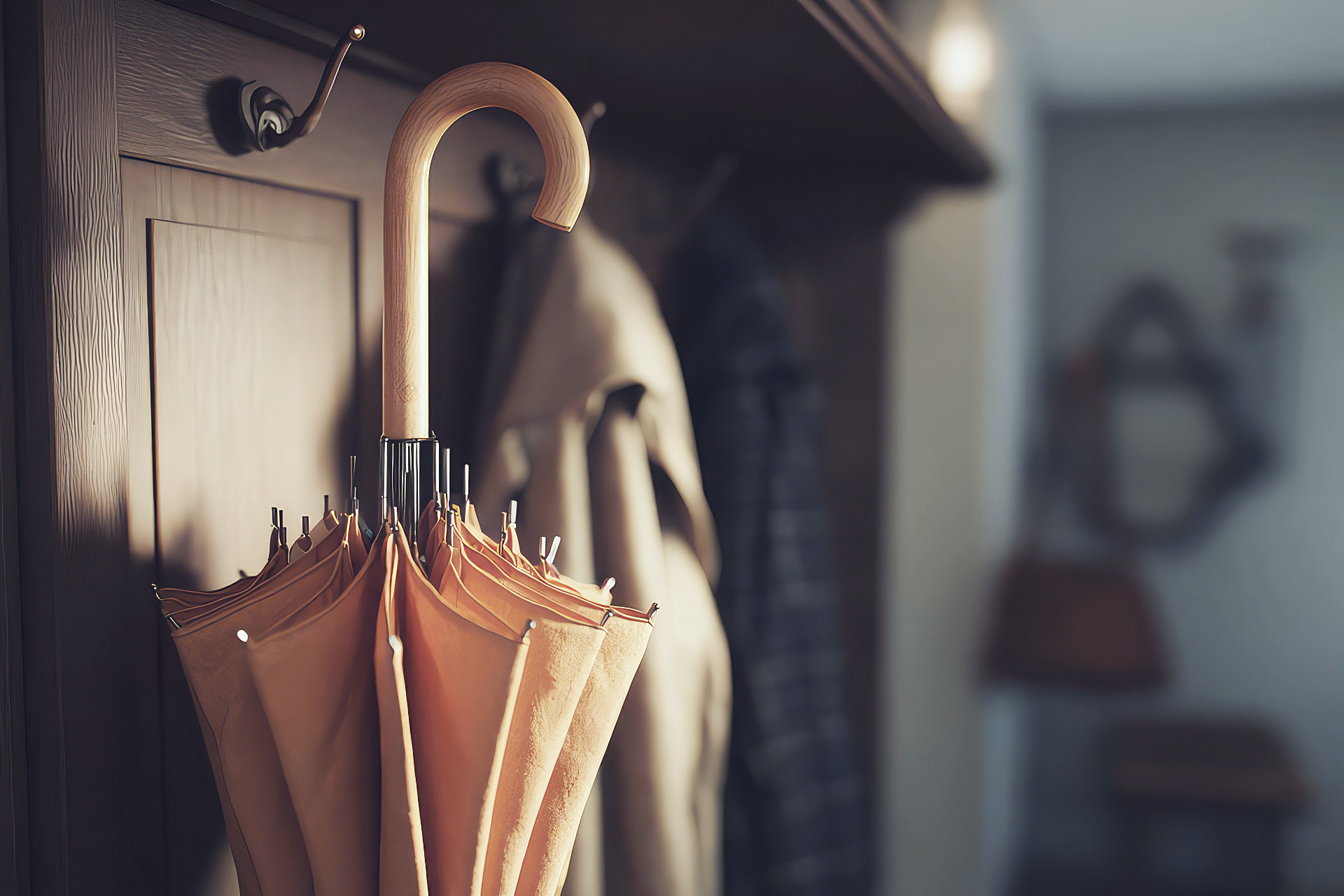 Closed yellow umbrella hanging in a hallway closet with a coat.