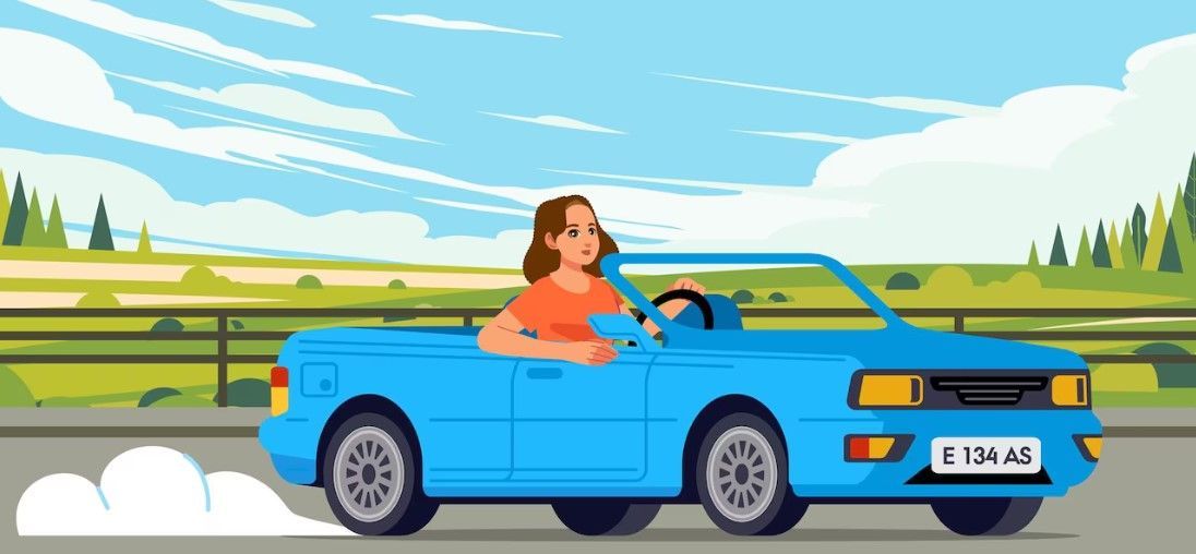 Cartoon of a tan woman in an orange t-shirt driving a blue convertible. The background looks like farmland with tress bordering it.