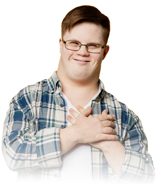 Smiling person in a plaid shirt with hands crossed over chest on a white background