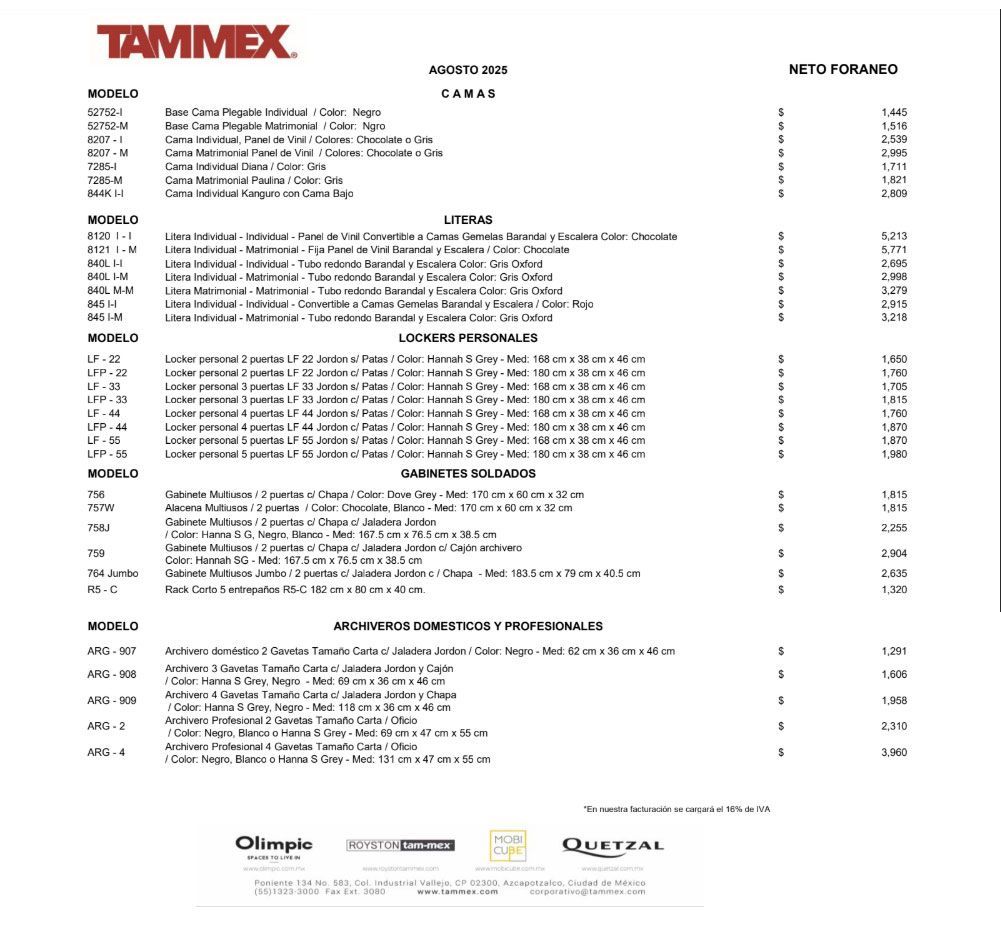lista de precios foraneos