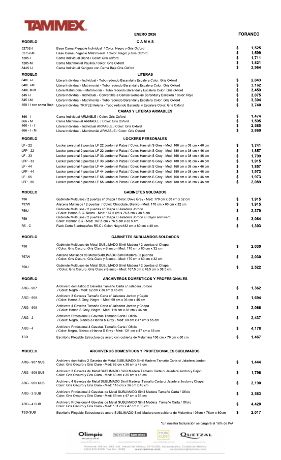 lista de precios foraneos
