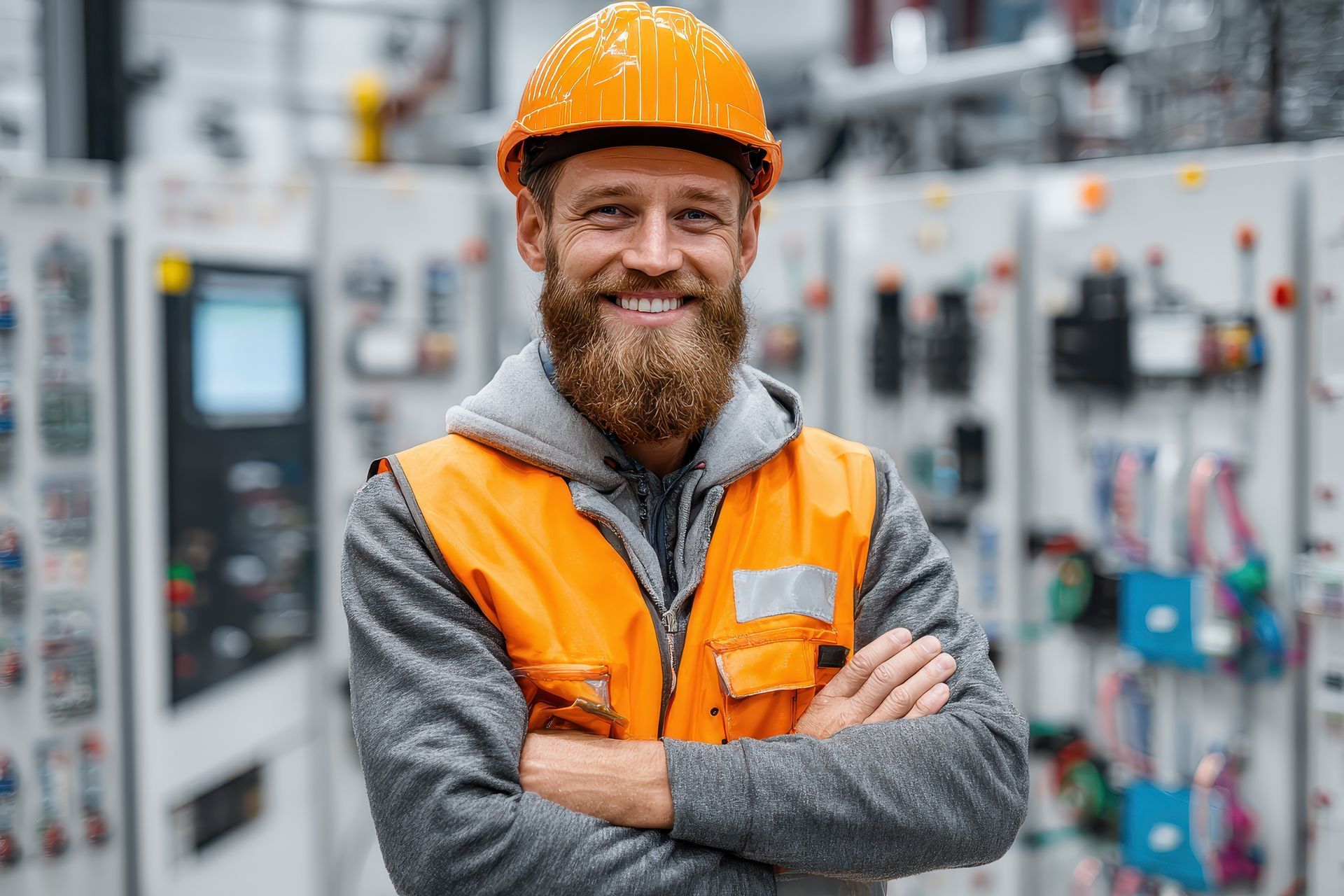 Professional electrician contractor in safety gear standing in front of electrical panels.