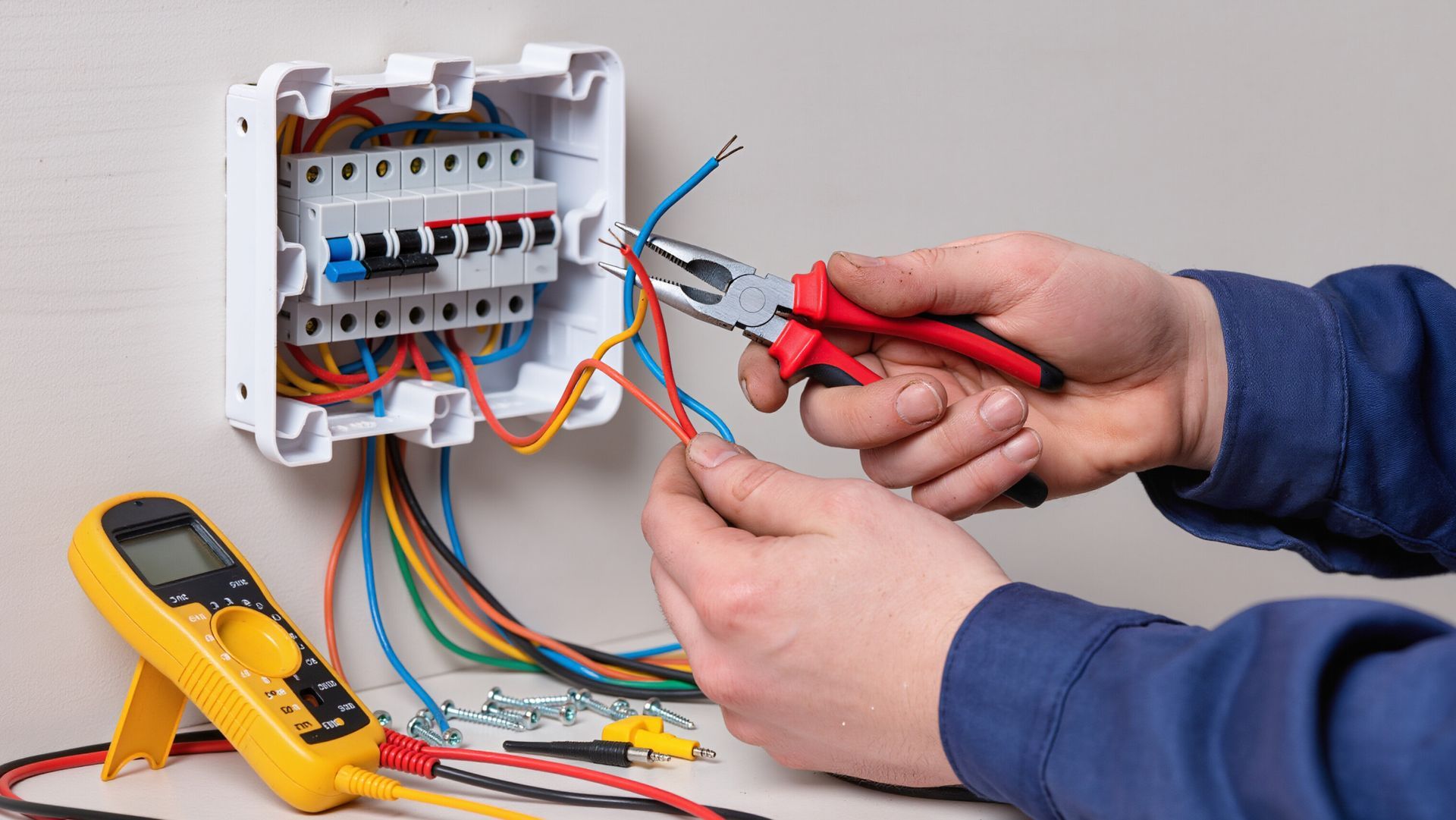 Hands using pliers to work on wires inside an electrical box with tools nearby.