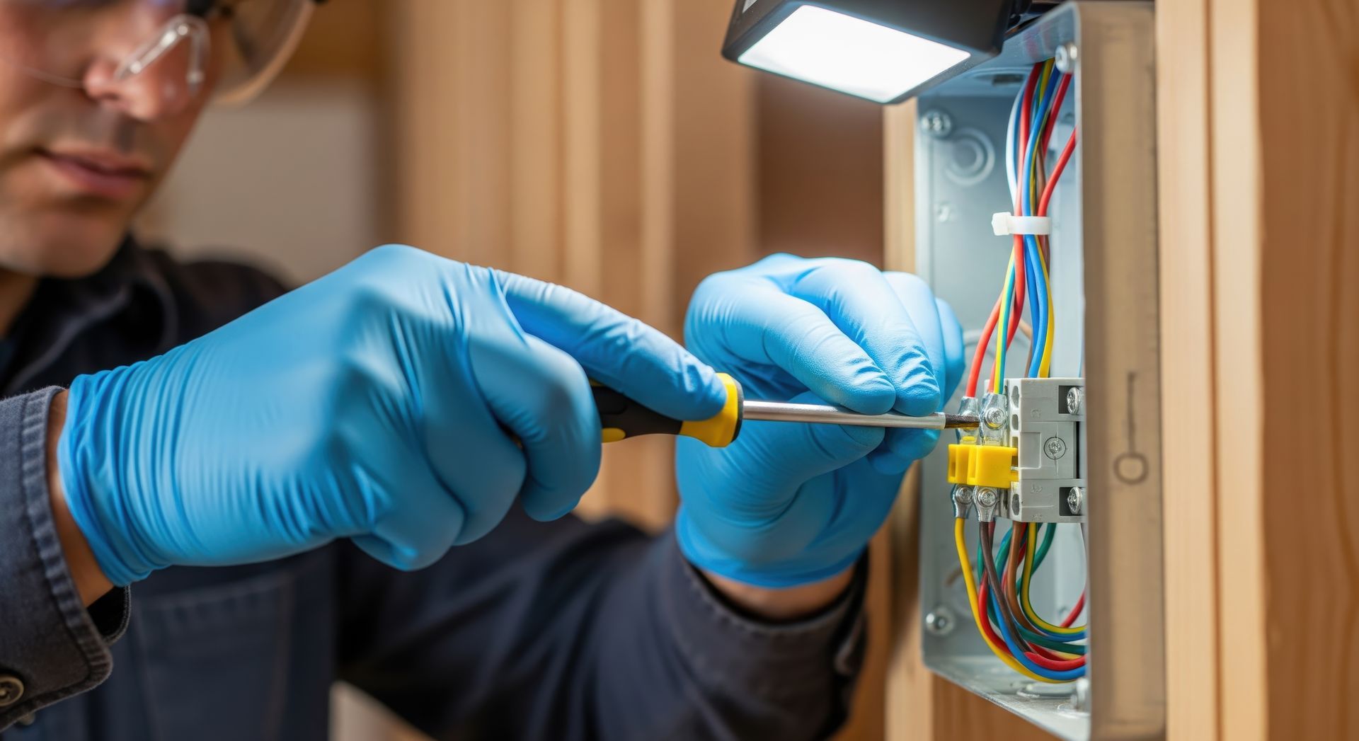 Residential electrician installing wiring in electrical box using tools and safety gloves.