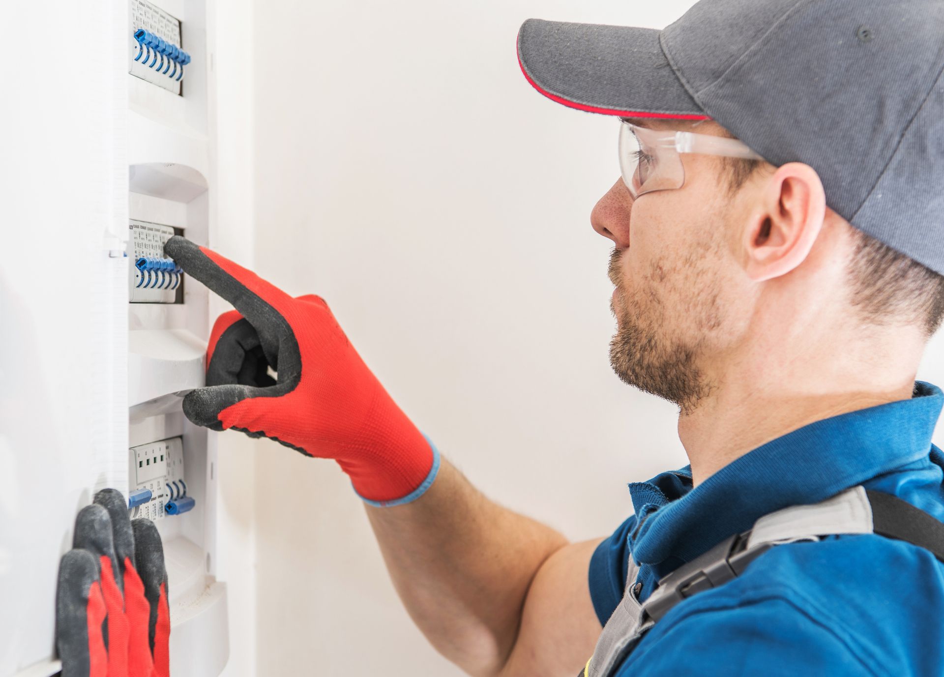 Residential electrician installing main fuse box and wiring panel in modern home electrical system. Residential electrician installing main fuse box and wiring panel in modern home electrical system.