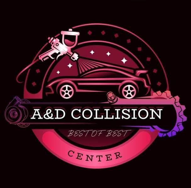 Logo for A&D Collision Center featuring a spray paint gun, car silhouette, and mechanical gears in shades of red and pink.