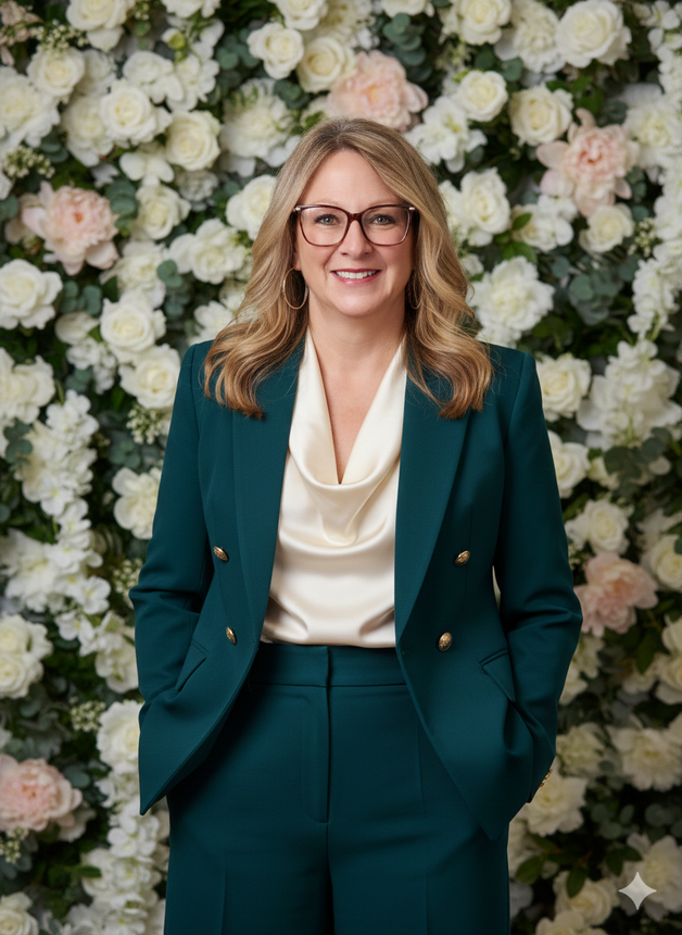 A smiling person wearing glasses and a dark teal suit with a cream cowl-neck blouse, posed before a floral wall.