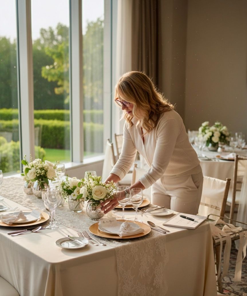 A person in a bright pink blouse smiles while gesturing toward a large, colorful arrangement of white and pink flowers.
