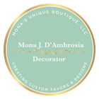 Logo for Mona's Unique Boutique: light green circle with gold border, text 