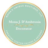 Logo for Mona's Unique Boutique: light green circle with gold border, text 