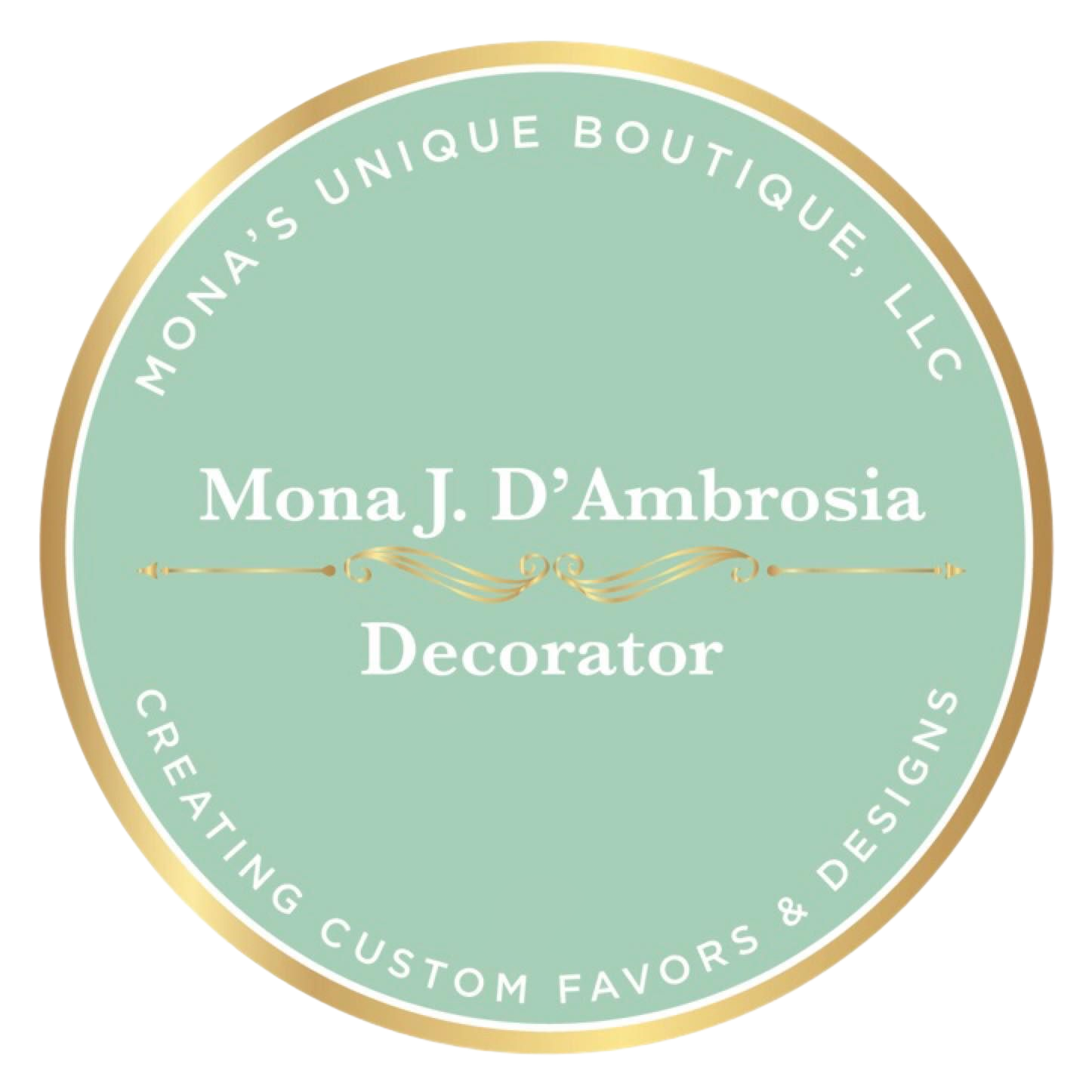 Logo for Mona's Unique Boutique: light green circle with gold border, text 