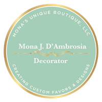 Logo for Mona's Unique Boutique: light green circle with gold border, text 